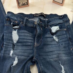 Express Dark Blue Distressed Skinny Jeans